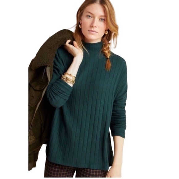 Eri & Ali Anthropologie Dark Green Wide Rib Tunic Sweater Large - Picture 1 of 7